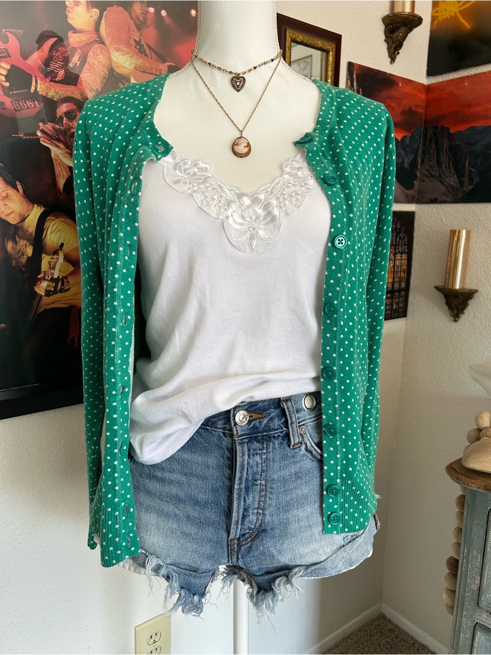 Vintage Twee Polka Dot Cardigan M Indie Pop Retro Pin Up Preppy 50’s Green White